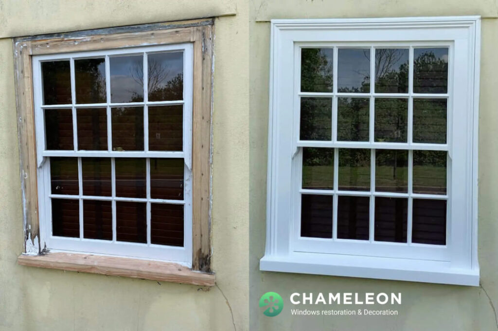 before and after box sash window restoration